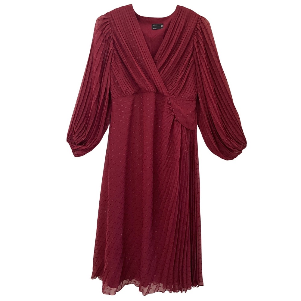 ASOS Design Pleated Wrap Maxi Dress Burgundy Metallic Clip Dot Long Sleeve US 14